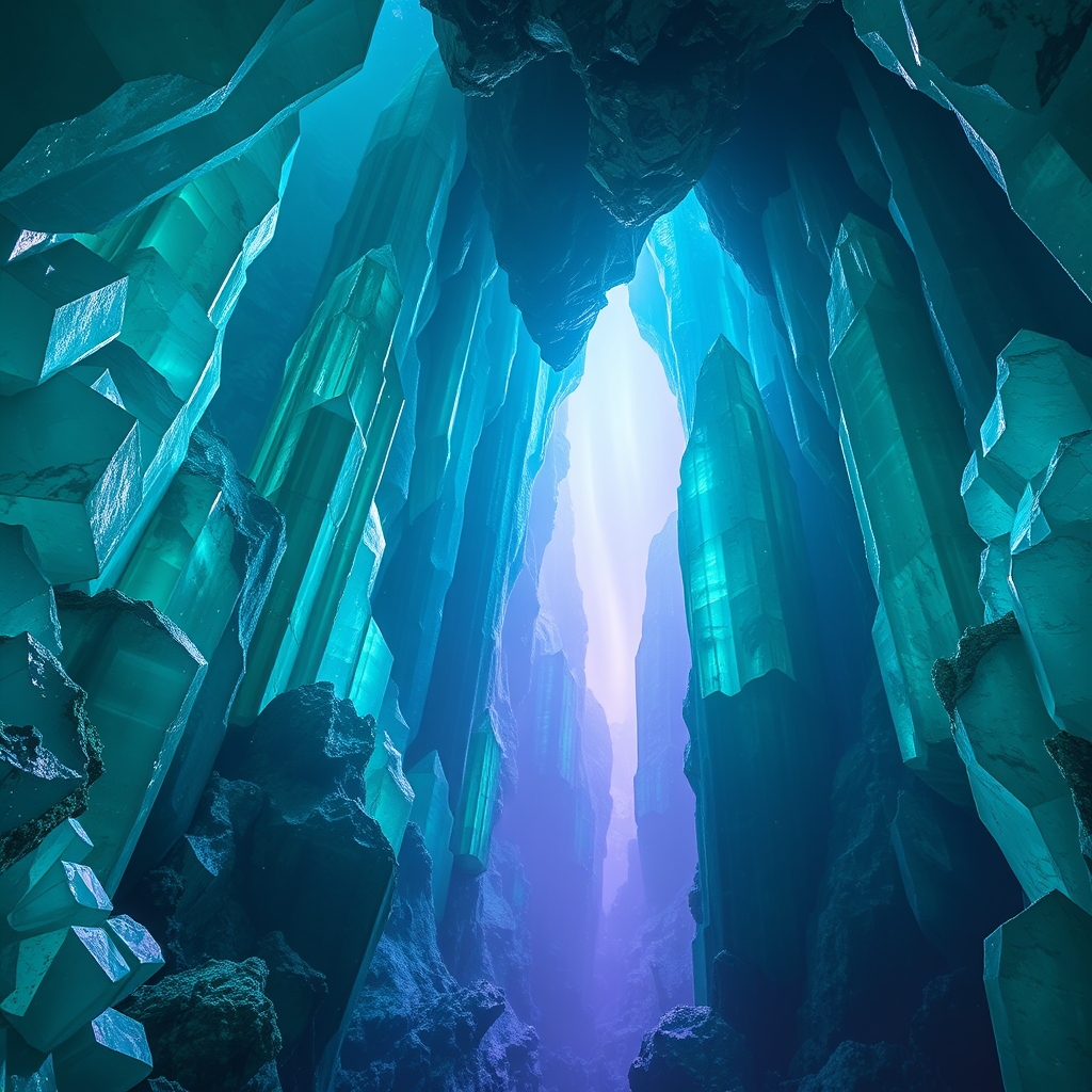 An underwater cave filled with glowing crystals, illuminated by an ethereal aurora.
