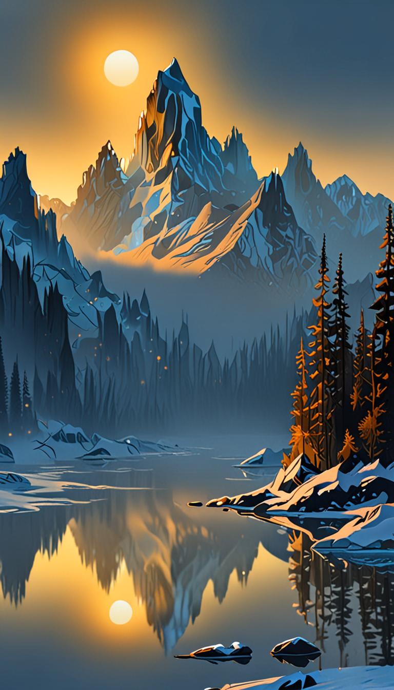 A frozen lake with crystalline spires and misty mountains at dusk.