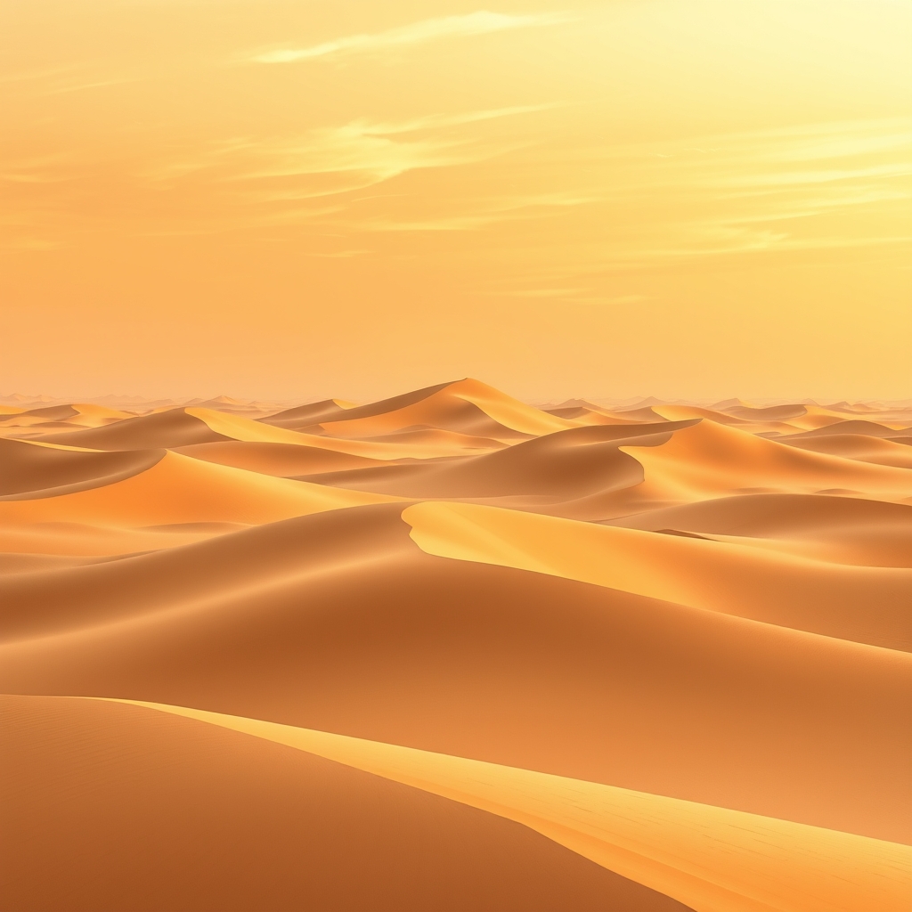A desert landscape with golden sand dunes converging in a majestic meeting, set against a warm orange sky with soft wispy clouds