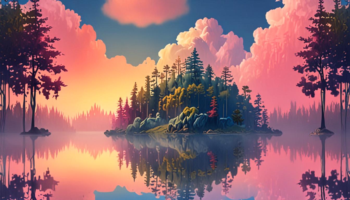 A mystical floating island with a glowing forest, surrounded by misty clouds and pastel hues.