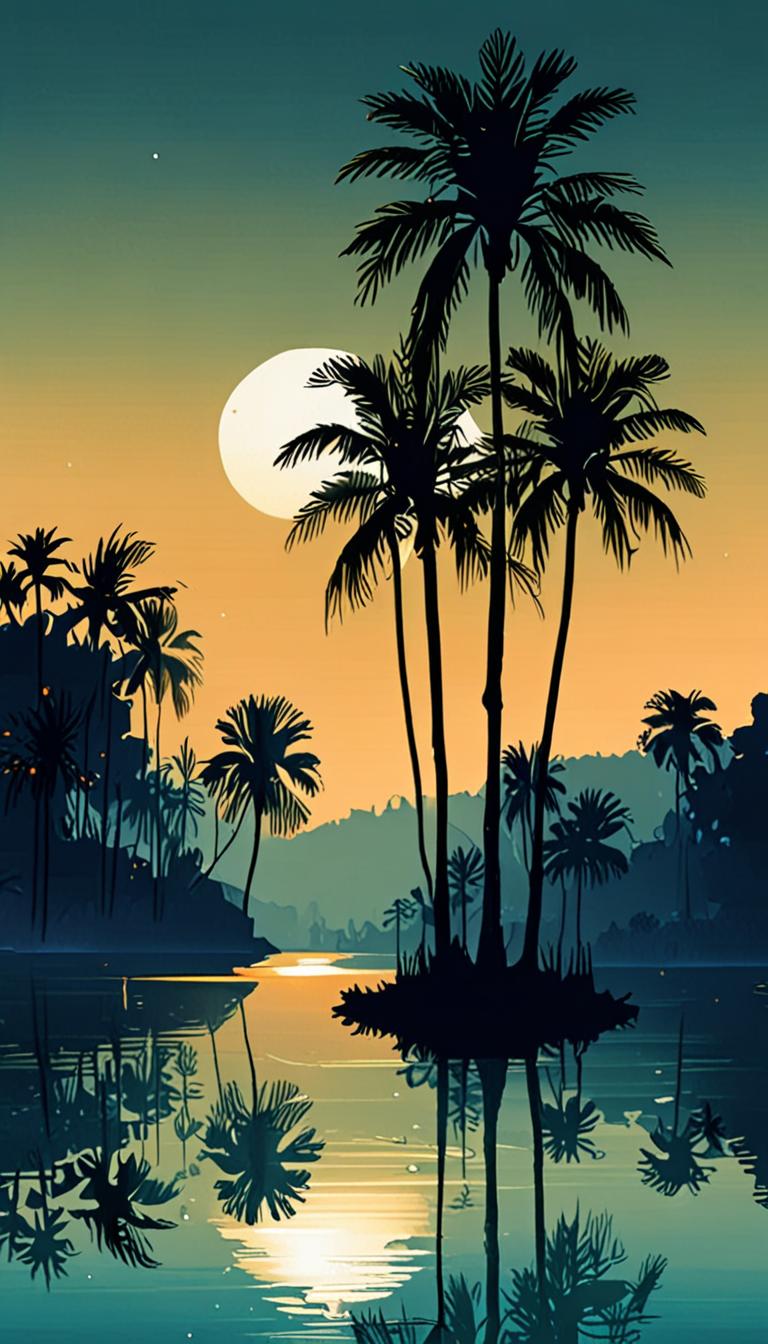 A serene teal lagoon at midnight with palm trees reflected in the water