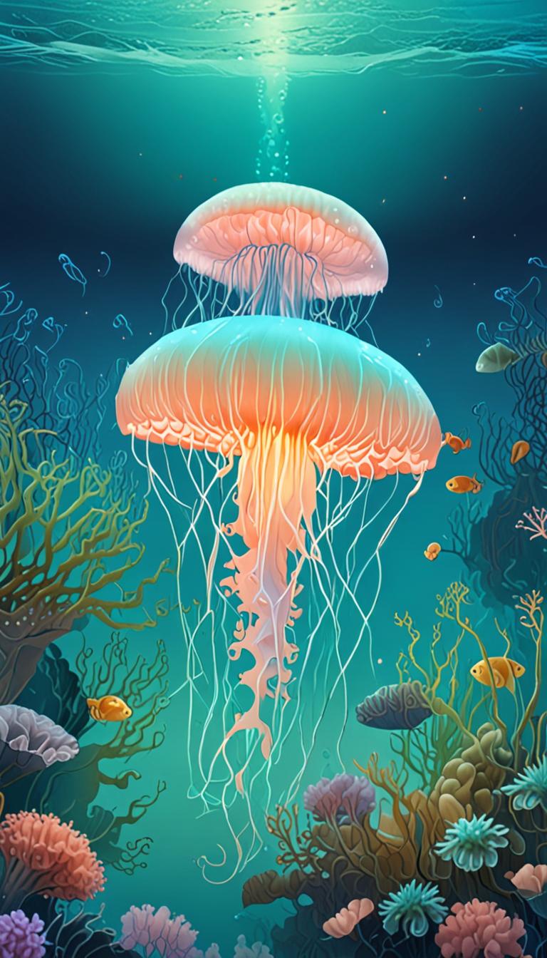 A delicate, translucent underwater bloom rises from the seafloor in a moonlit tropical lagoon.