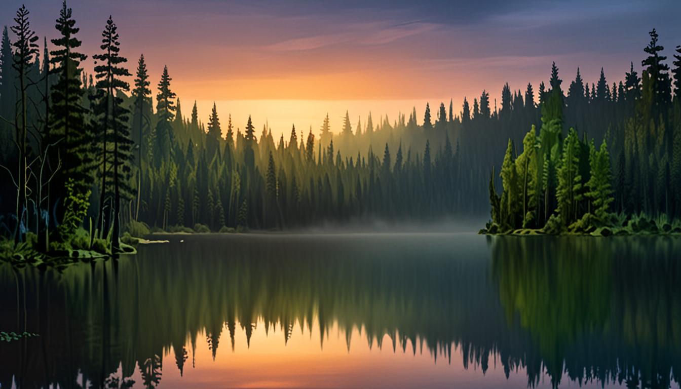 A serene, dreamlike scene of an aurora borealis over a misty forest at dawn, with a lake reflecting the soft sky hues.