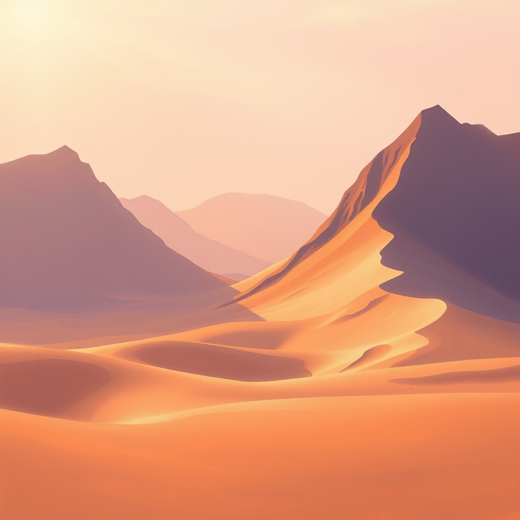 A desert landscape with glowing sand dunes at dawn