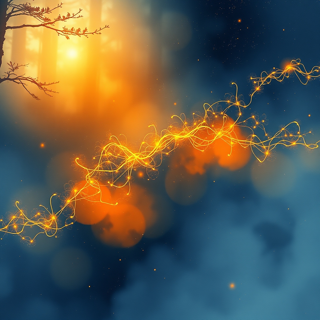 A dreamy, impressionist watercolour of a golden nebula set against a misty forest backdrop, softly lit by the warm glow of early morning sun