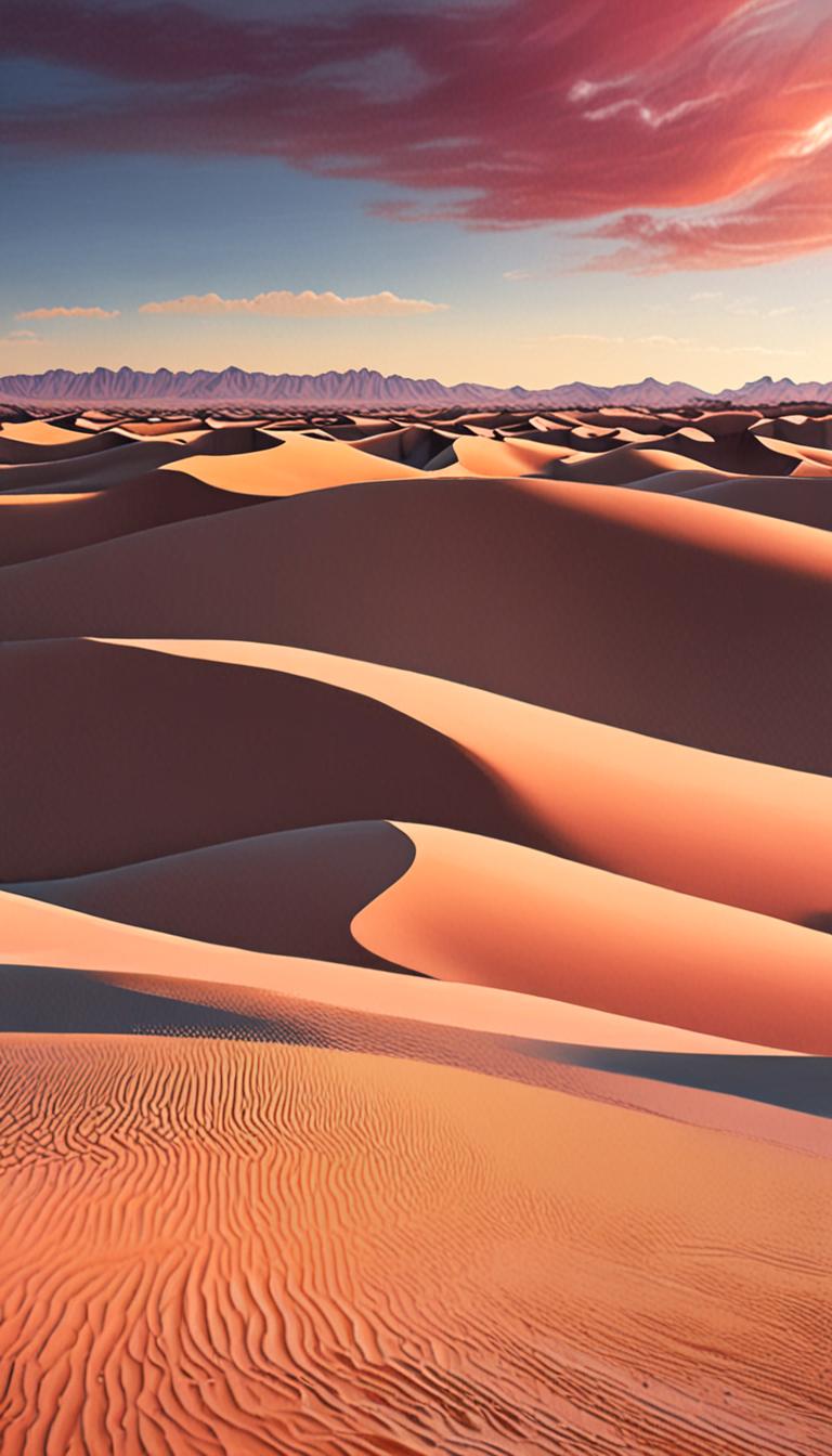 A serene desert landscape with gently swaying dunes at golden hour
