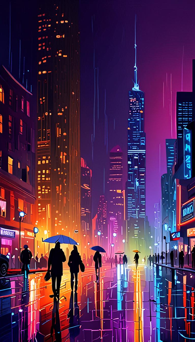 A cityscape shrouded in a mystical, shimmering veil of rain.
