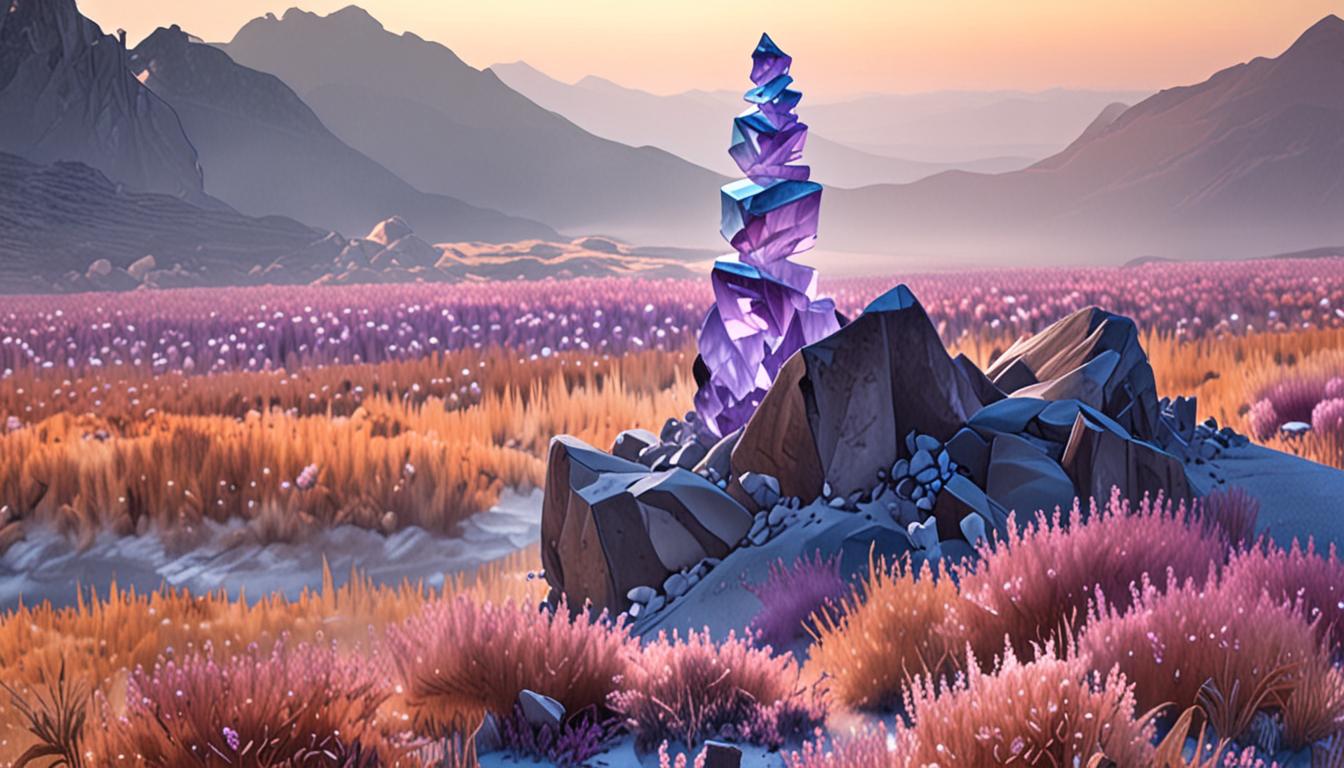A crystal formation rises from a misty landscape at dawn
