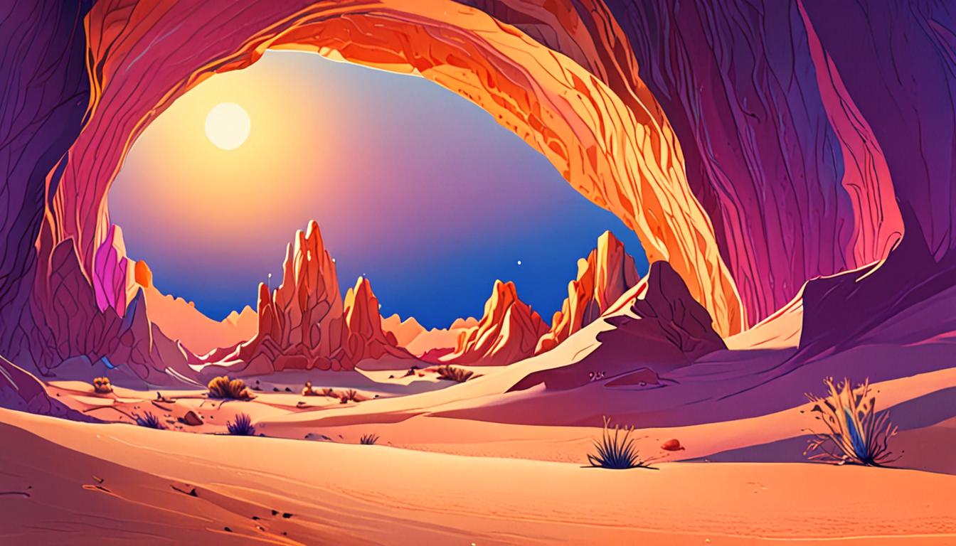A serene desert landscape with a crystal cave and golden light