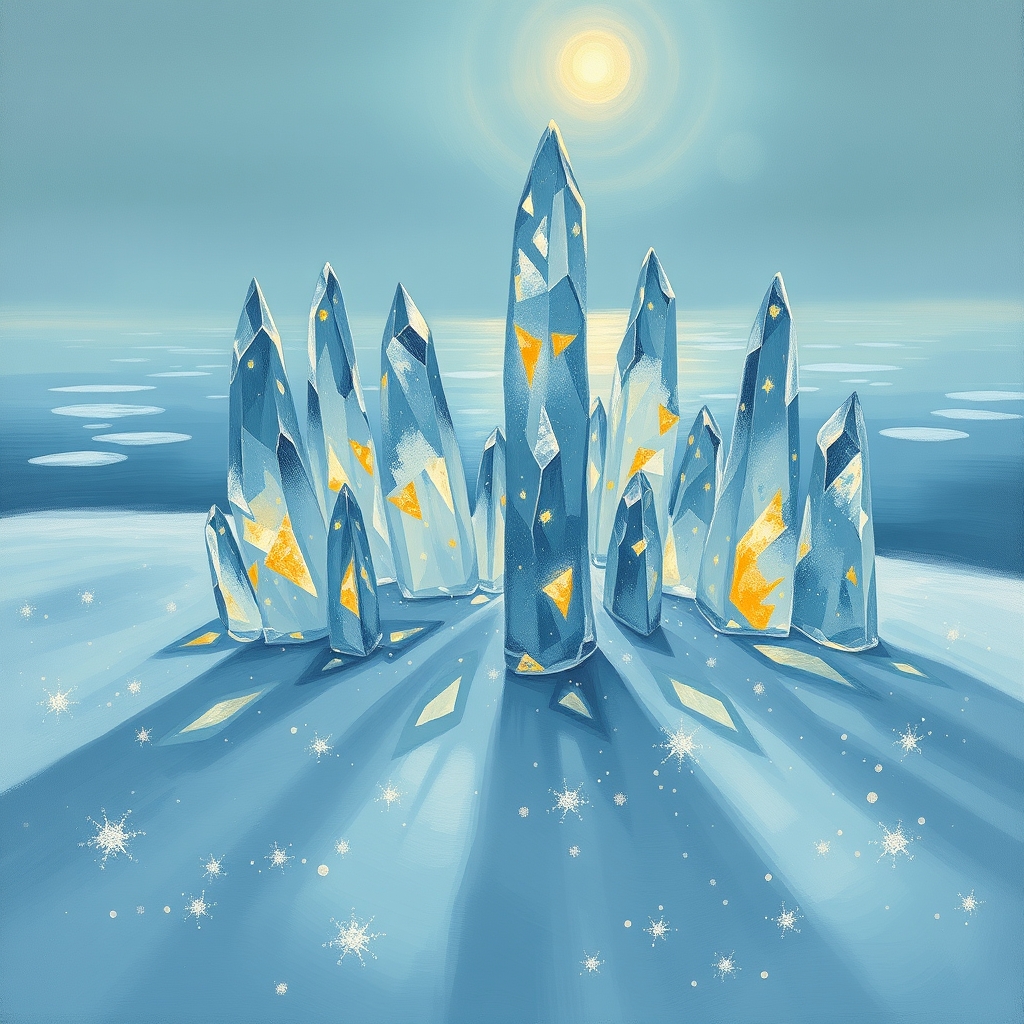 A serene winter landscape with crystalline structures and soft, ethereal light