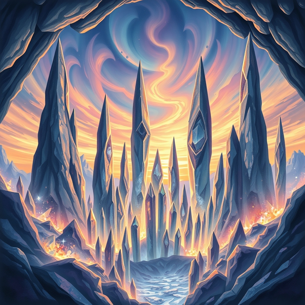 A serene, otherworldly landscape of crystalline formations and swirling auroral clouds