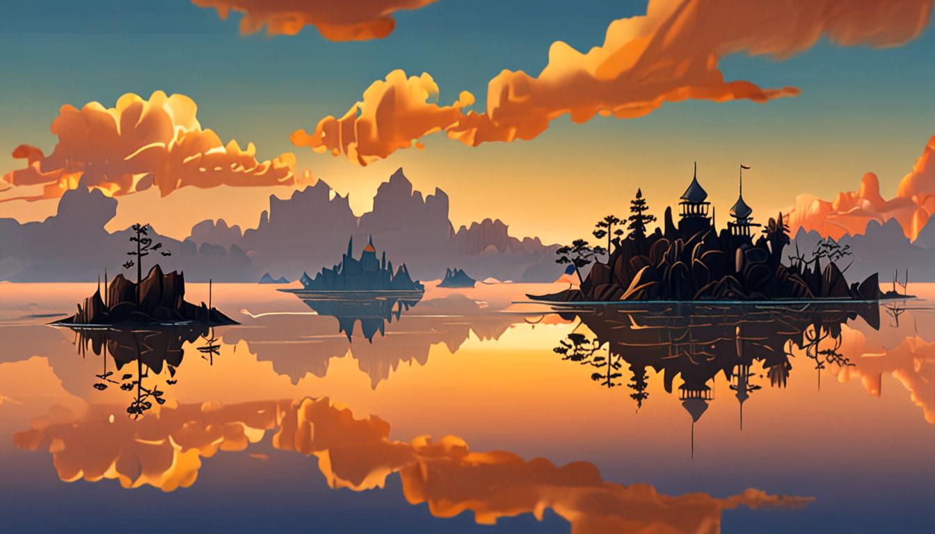 A tranquil landscape of floating wooden islands in a soft, gradient blue sky.