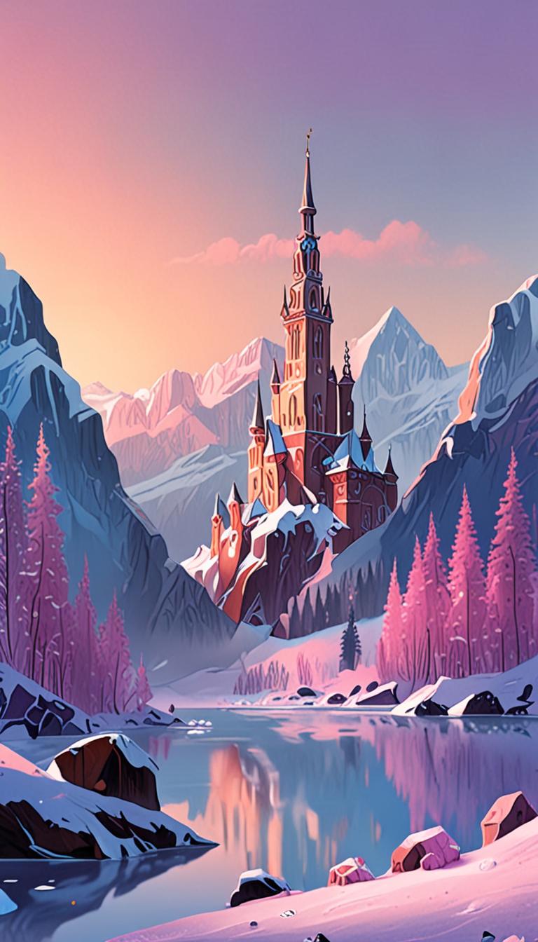 A towering crystal spire rises from a frozen fjord, surrounded by wispy clouds and delicate snowflakes.