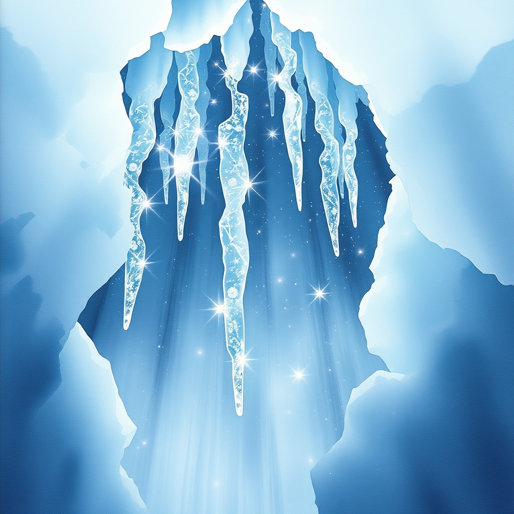 A fantastical, icy landscape with shimmering formations and starlight