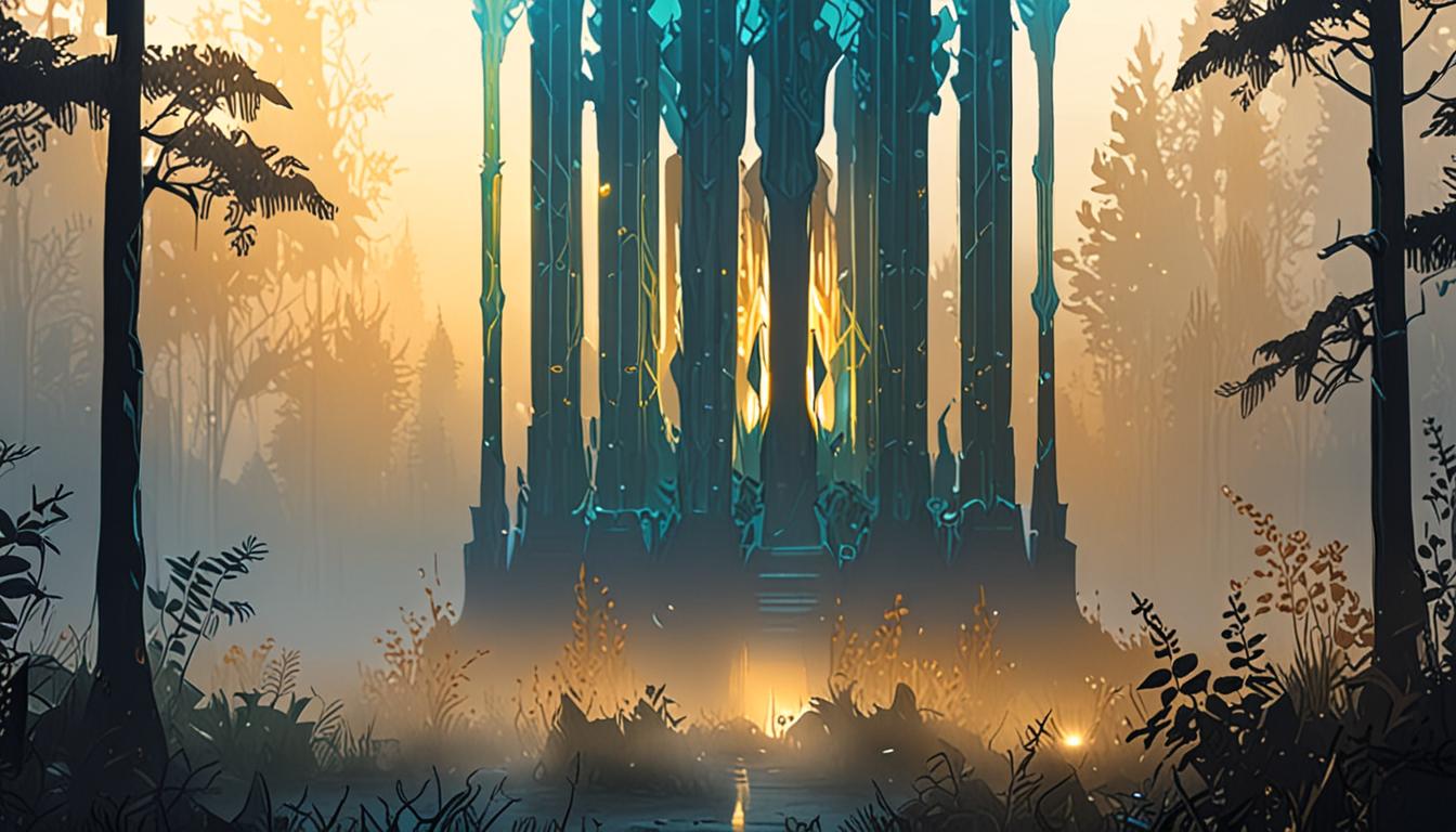A stylized image of a crystal pillar rising from a misty forest floor, reflecting golden light.