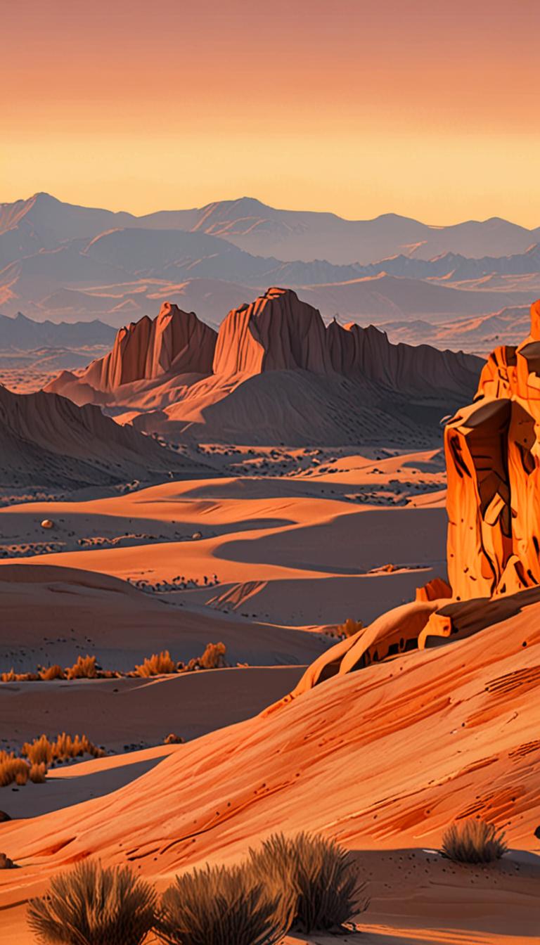 A serene desert oasis with sandstone formations and golden light