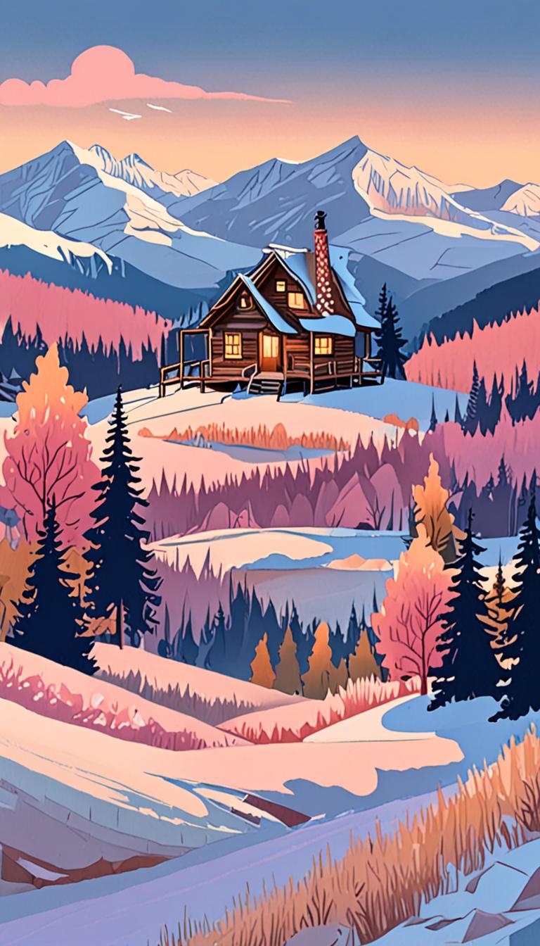 A peaceful cabin scene in a snowy valley.