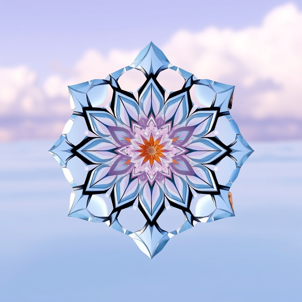 A delicate crystal flower frozen in a matrix of intricate hexagons against a pale blue and purple gradient sky.