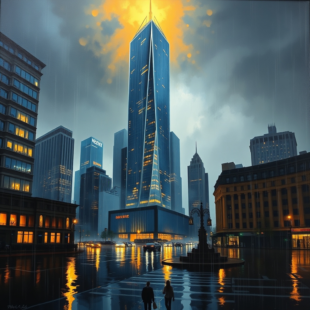 A skyscraper stands tall in a rain-soaked cityscape at night, with soft golden light spilling from its windows.