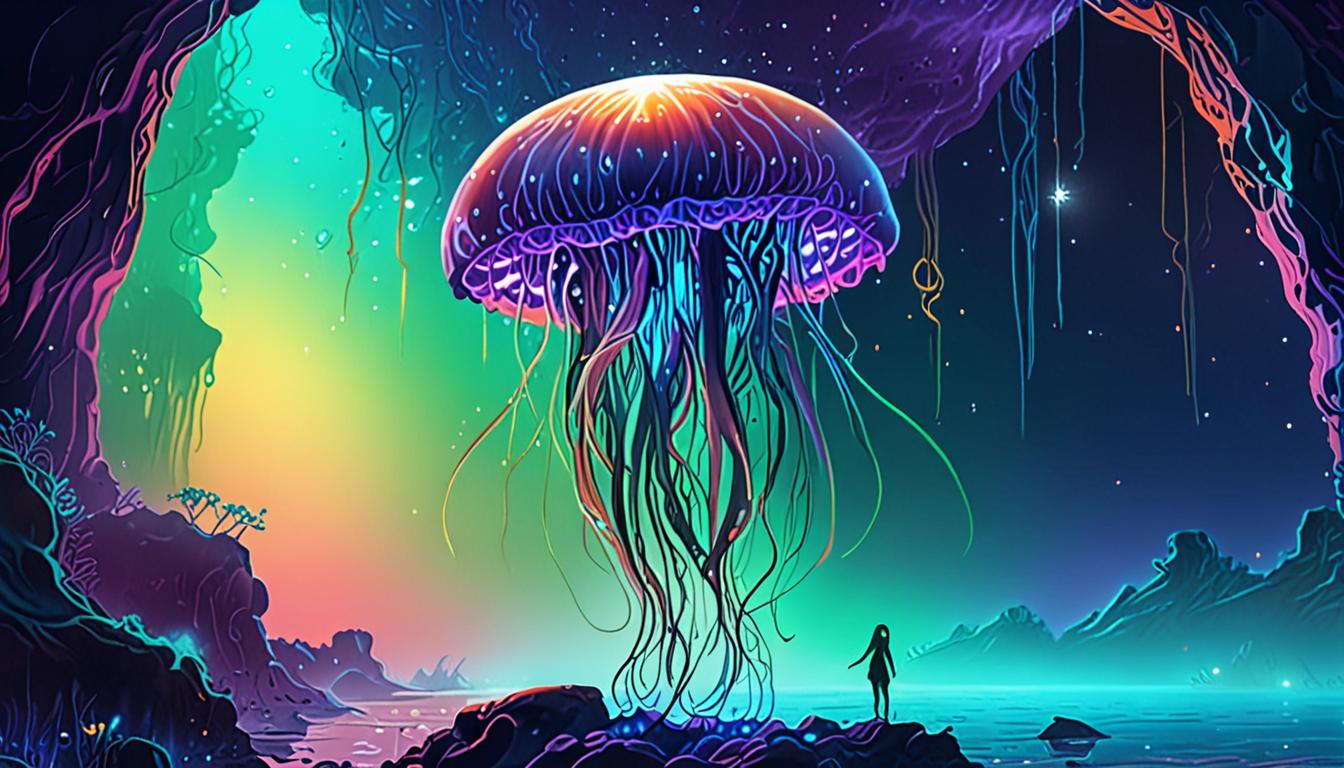 A glowing, jellyfish-like creature in a cosmic grotto with a swirling blue-green mist.