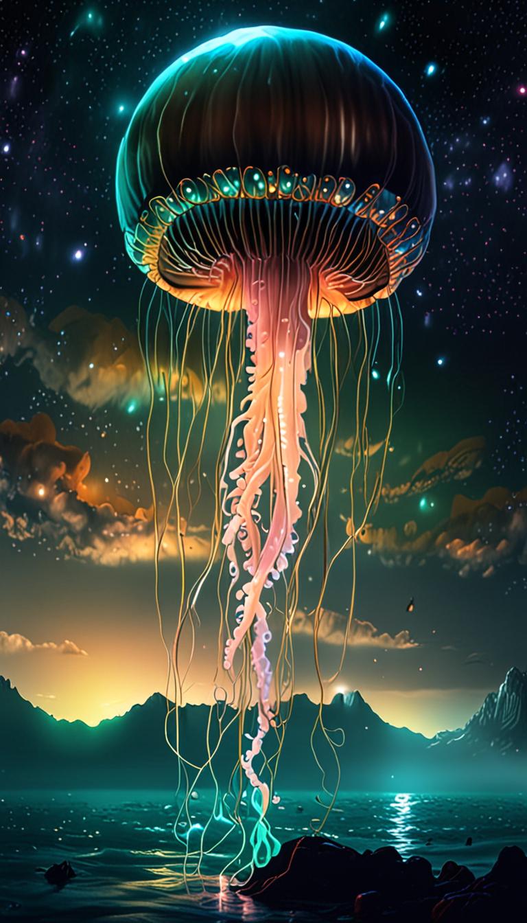 A jellyfish glows in the dark ocean, surrounded by bioluminescent lights and underwater mountains.