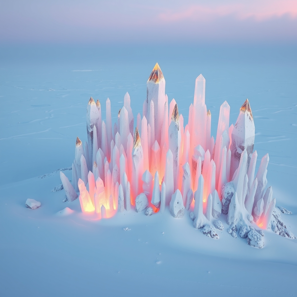 A fantastical landscape of crystalline spires and towers in a snowy terrain, illuminated by soft, pastel hues and warm golden light.