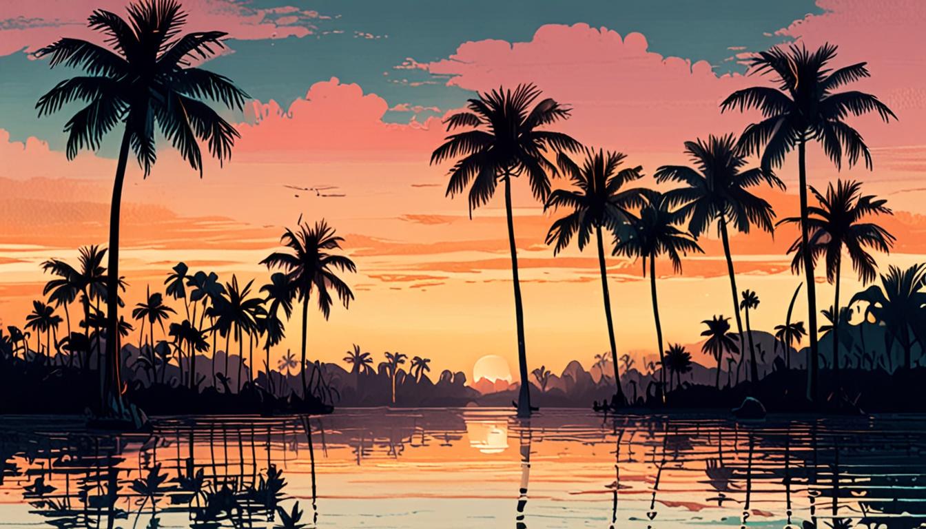 A serene tropical lagoon at dusk, with palm trees and a golden glow.