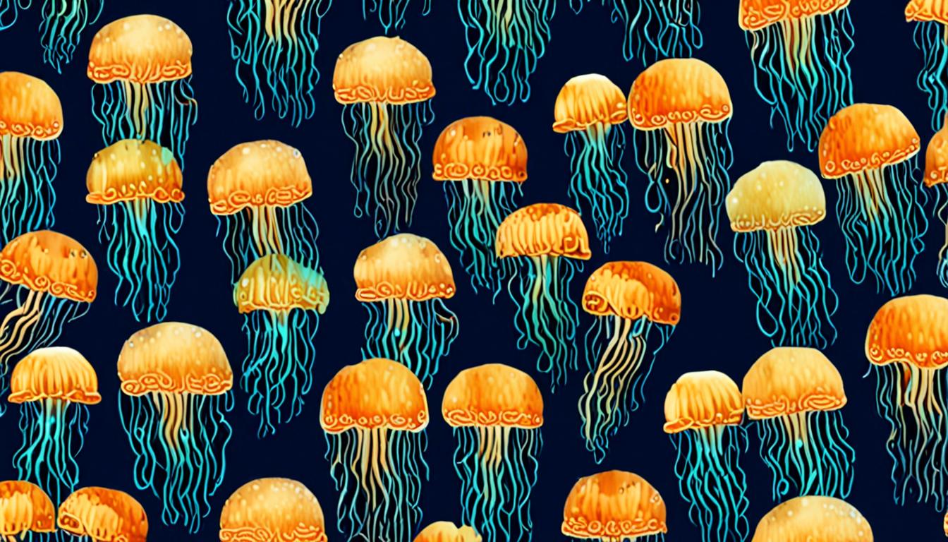 A dreamy underwater scene featuring bioluminescent jellyfish in a gradient blue environment.