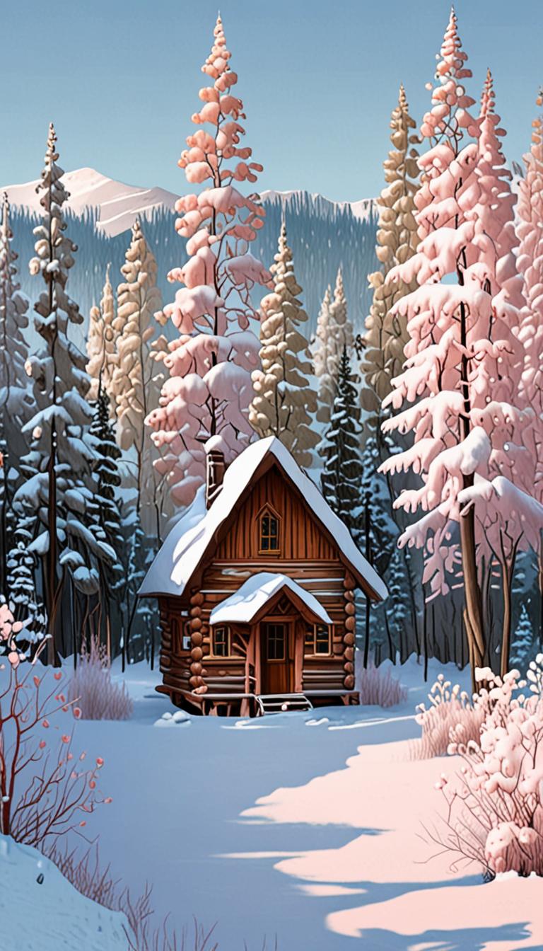 A small wooden cabin in a snow-covered valley with a pale blue sky