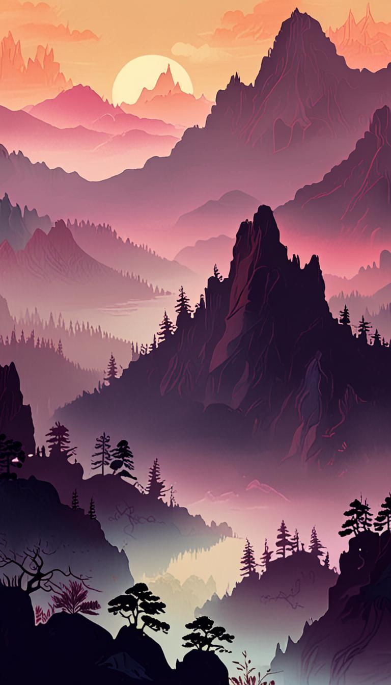 A misty mountain landscape at dawn, with a subtle golden glow.