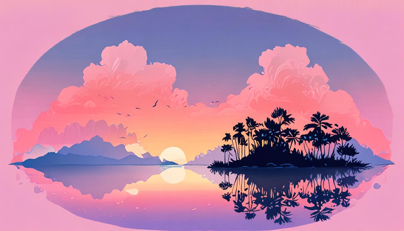 A serene landscape of iridescent islands in a pastel sky with wispy cloud-like mist
