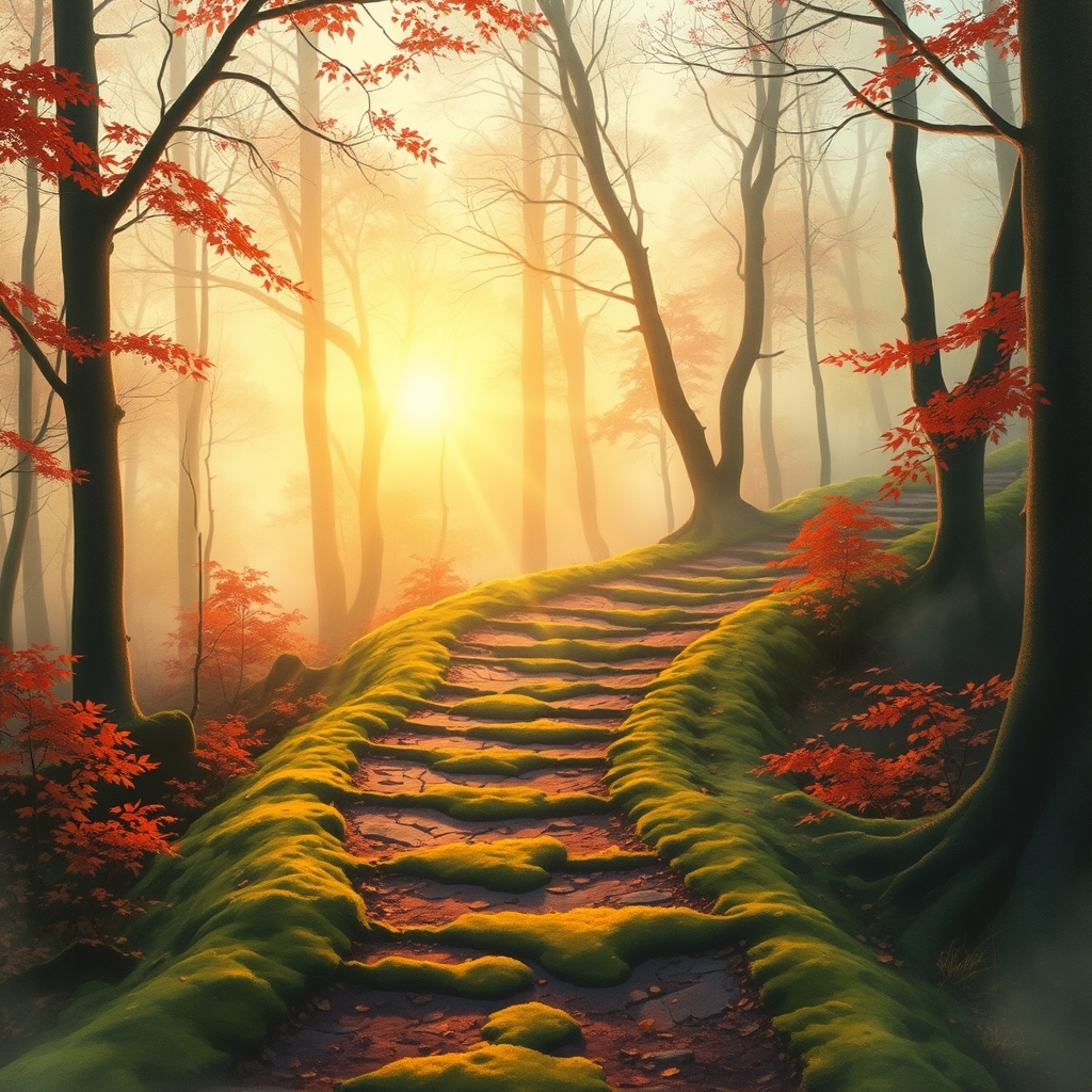 A serene, golden-lit path ascends through a misty, autumnal forest.