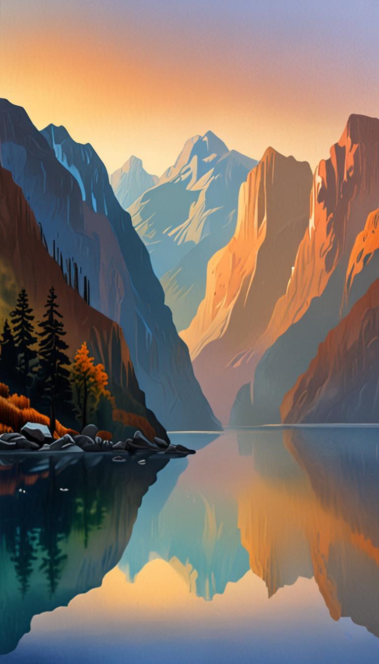 A serene fjord landscape at golden hour, with misty mountains and calm waters.