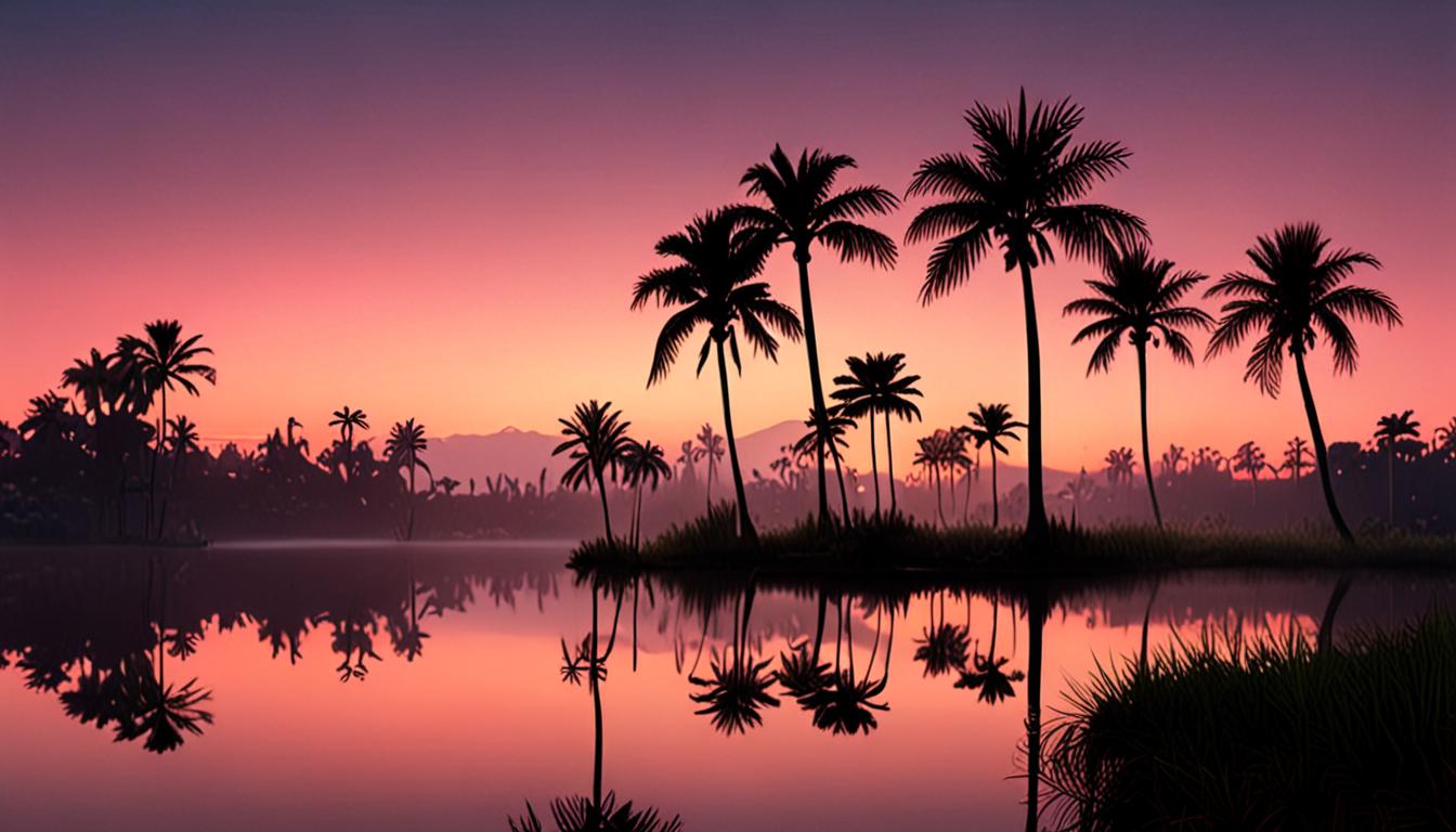 A serene tropical lagoon at dawn, surrounded by mist and lush greenery.