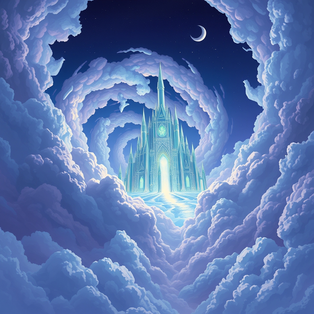A futuristic crystal citadel rises from a swirling nebula of pastel blue and purple clouds in a deep indigo night sky with subtle starlight and a crescent moon