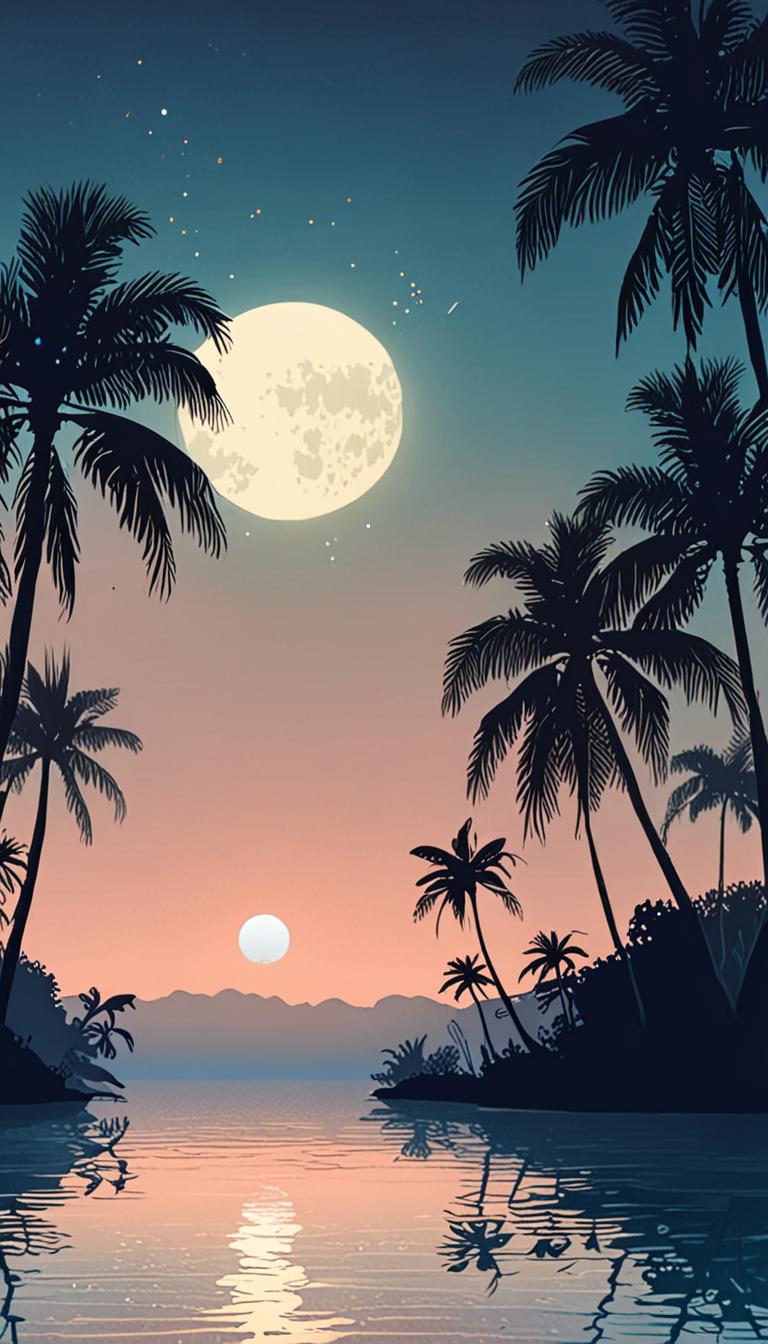 A peaceful tropical lagoon at blue hour, illuminated by a full moon and subtle starlight.