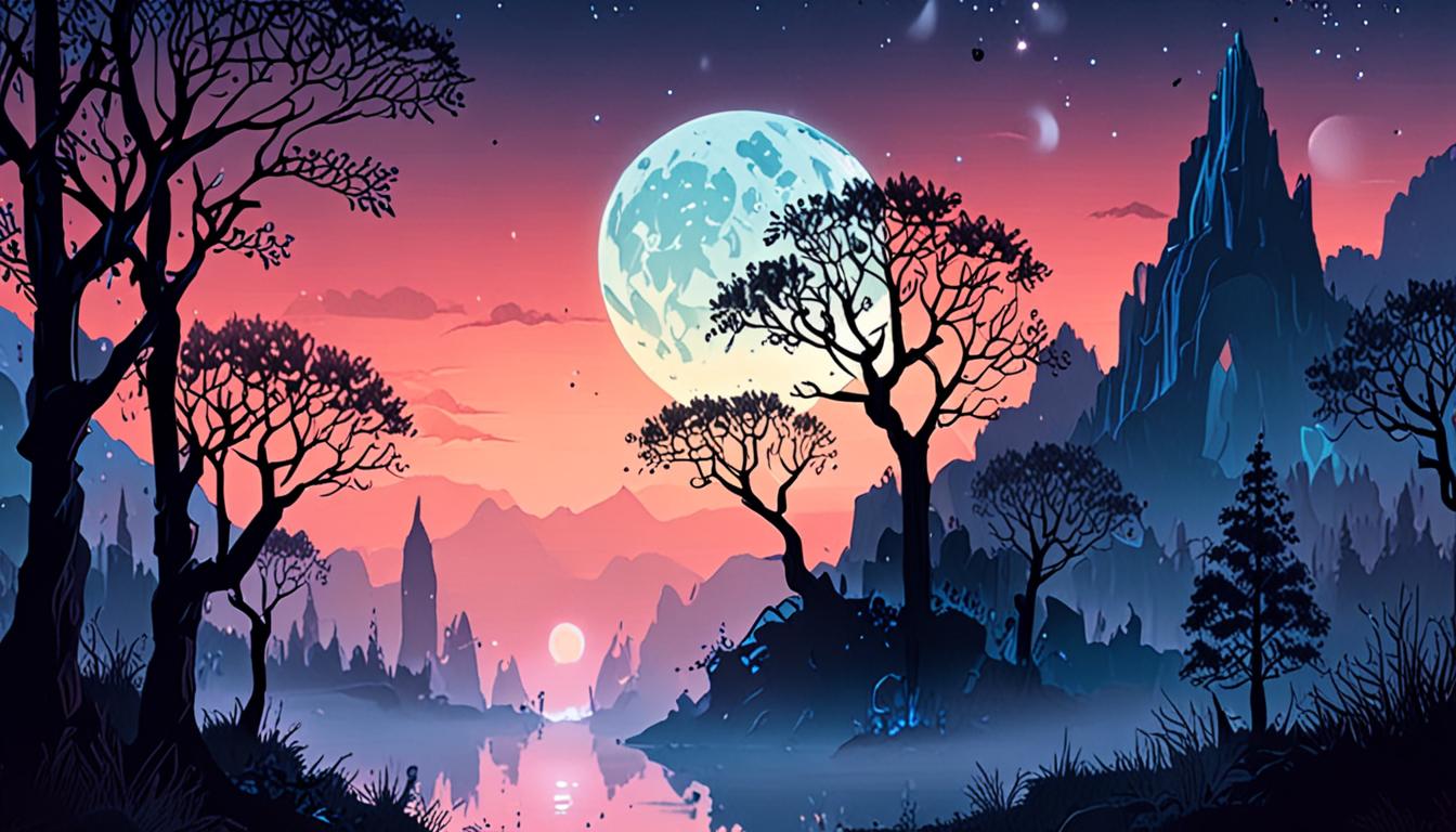 A towering crystal spire rises from a dense misty valley at night.