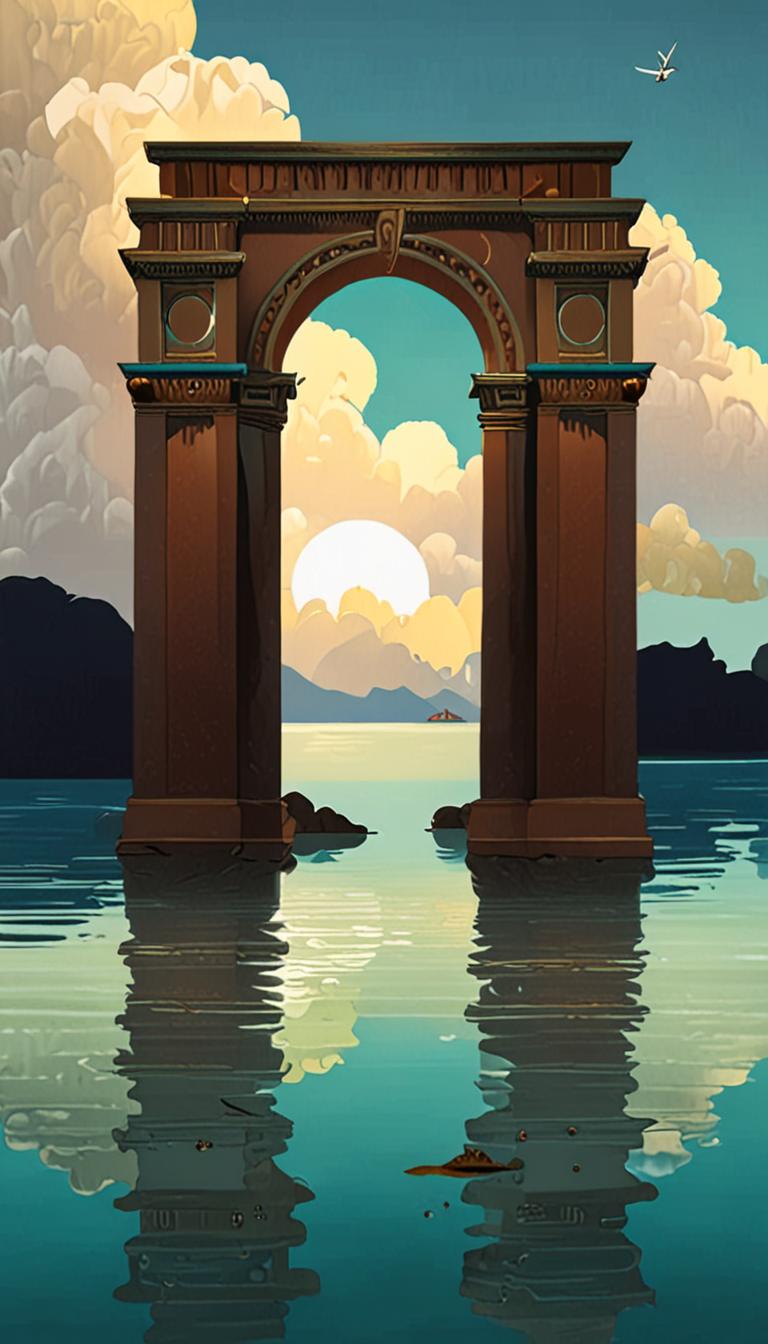 Two rounded islands connected by a delicate, golden-etched archway in a soft, teal-lit sky