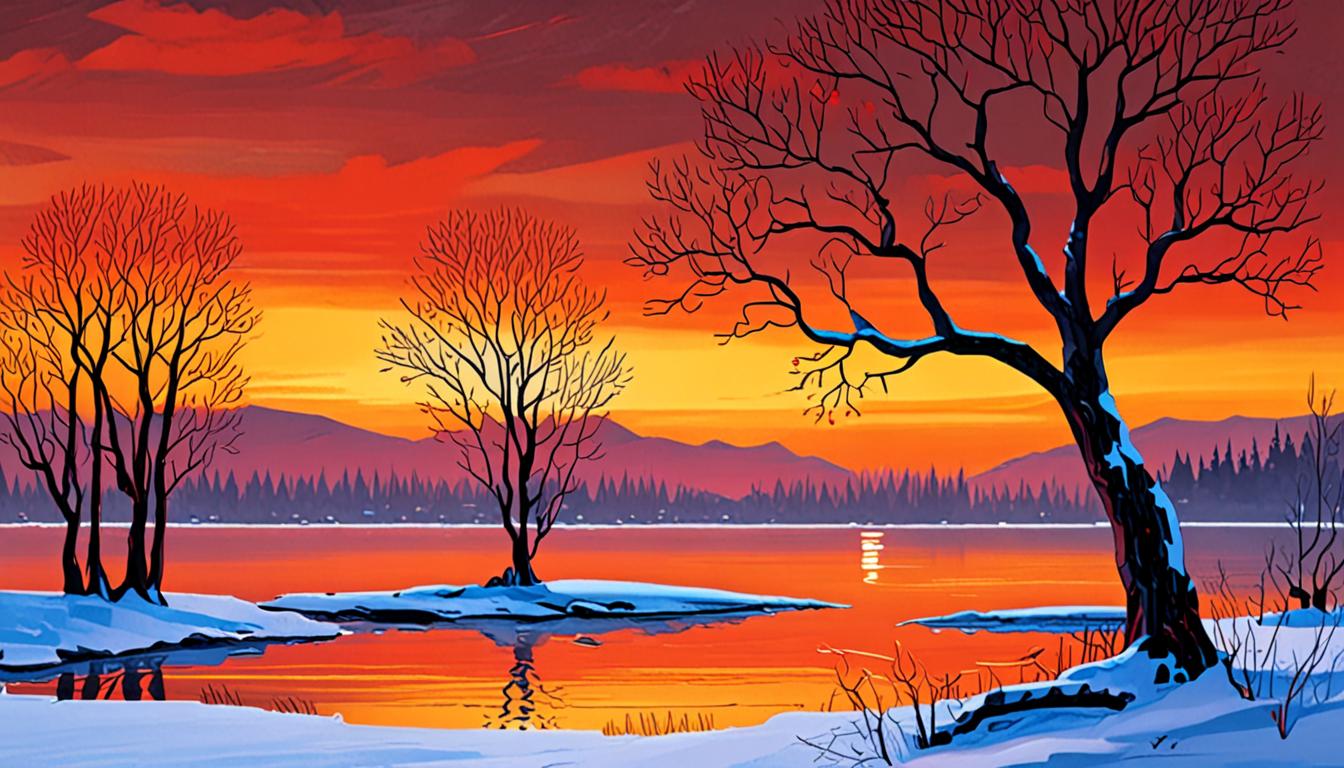 A serene winter fjord at dusk, with a solitary birch tree and a vibrant, golden sky.
