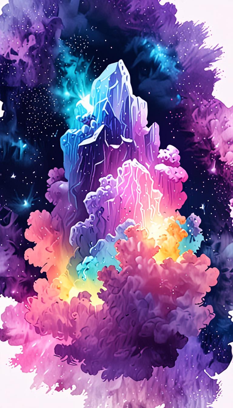 A mystical crystal cluster emerging from a nebula cloud