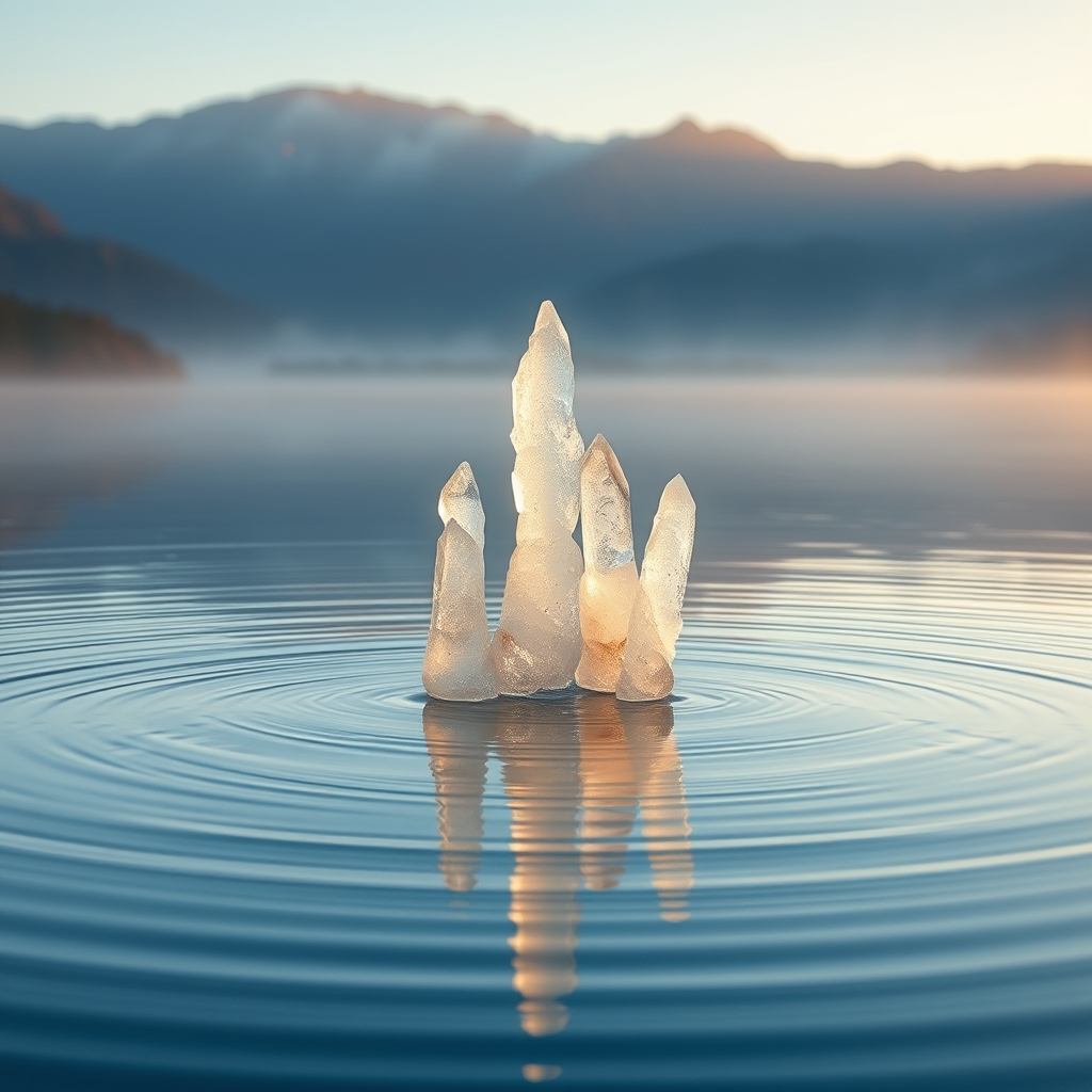A serene landscape with crystal spires rising from a tranquil body of water, surrounded by misty hills and soft pastel hues.