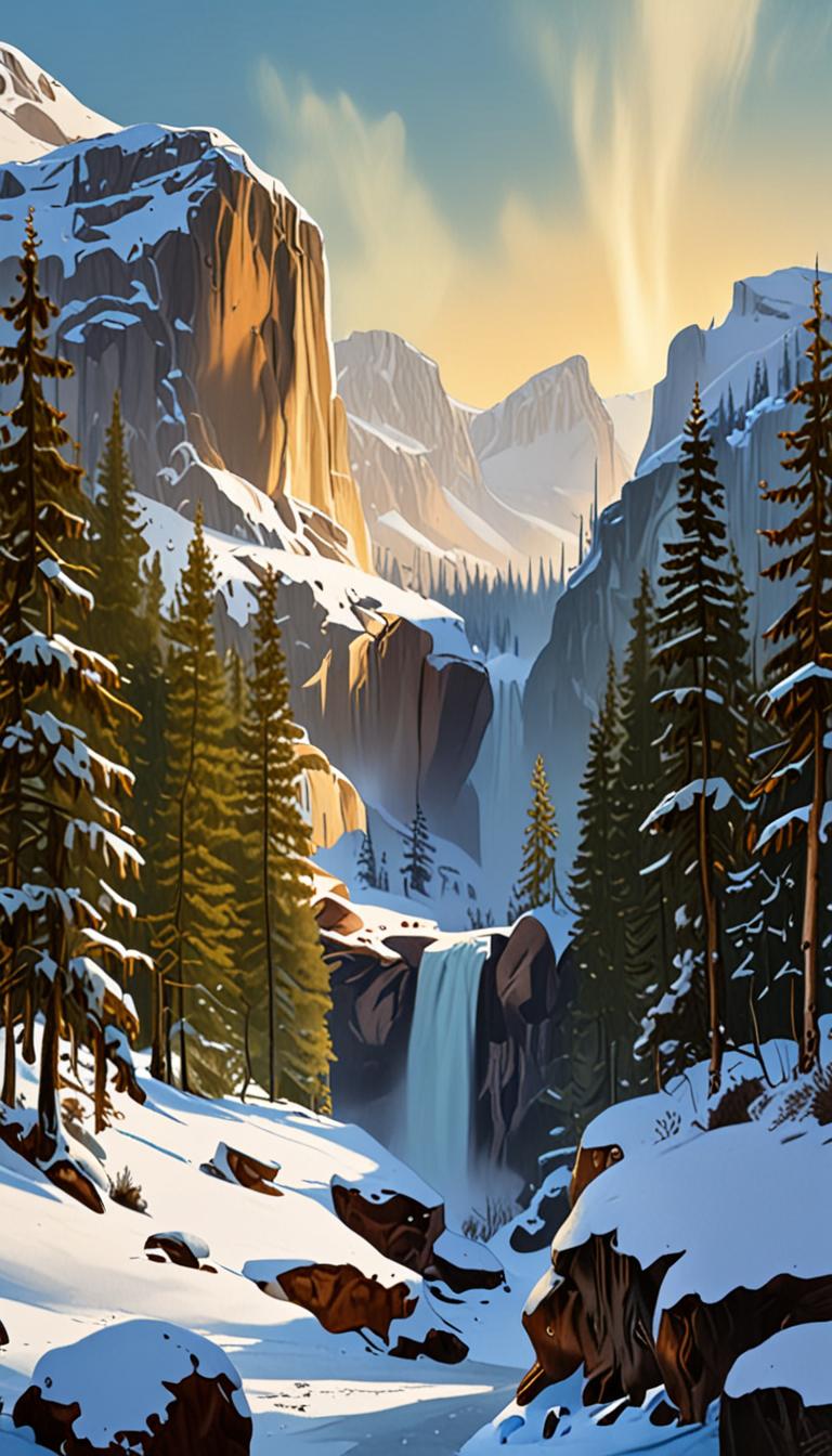 A serene winter landscape with a frozen waterfall, snow-covered trees, and a misty mountain valley.