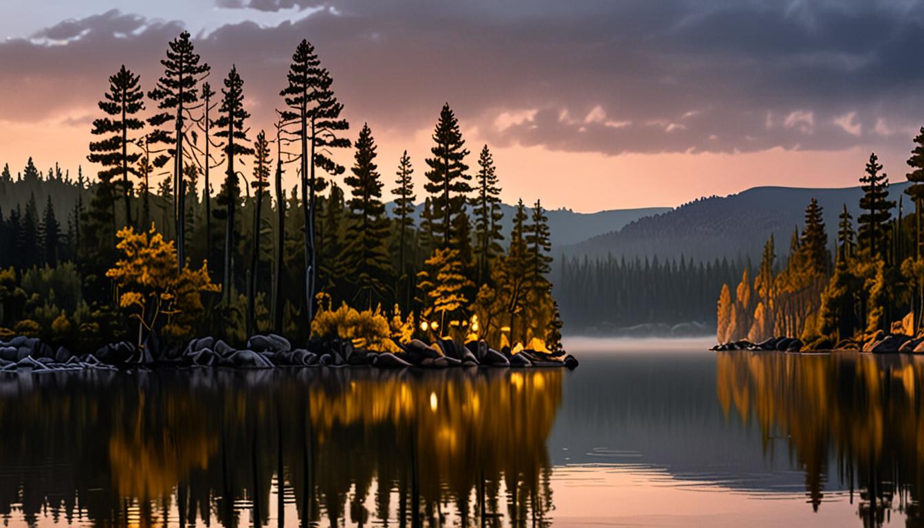 A peaceful cove at sunset with calm waters and surrounding hills