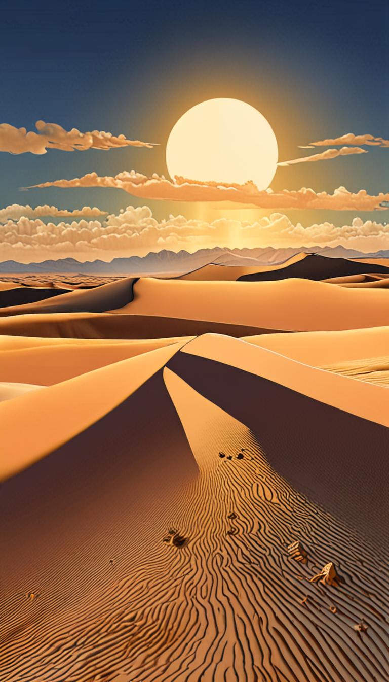 A serene desert landscape with a sand dune glowing with golden light at sunset.