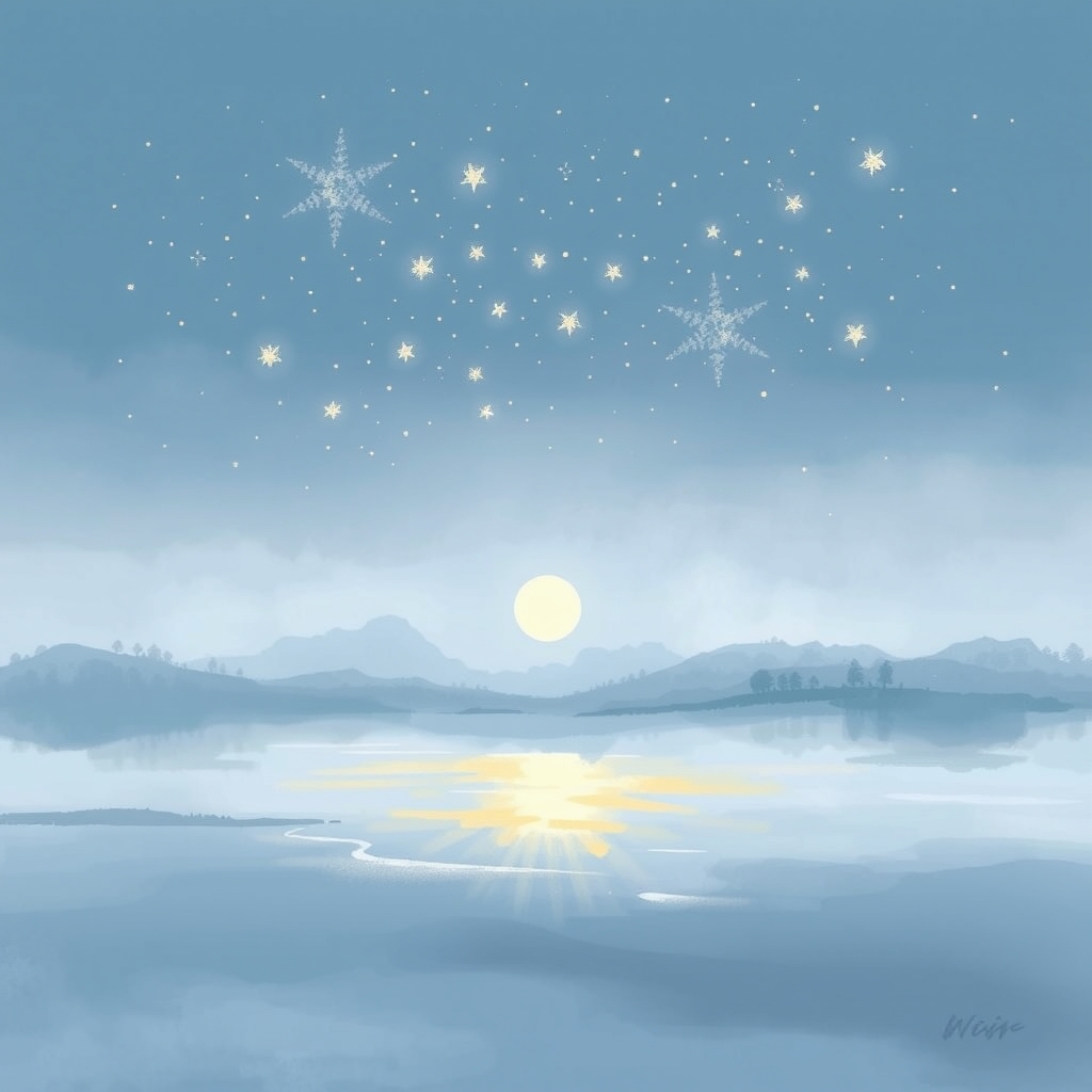 A serene, starry night sky reflected on a misty, moonlit lagoon