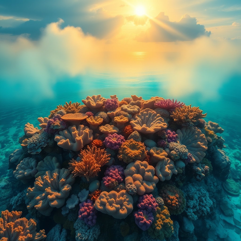 A vibrant coral reef in a tropical lagoon at dawn, with warm golden light and soft, impressionist brushstrokes