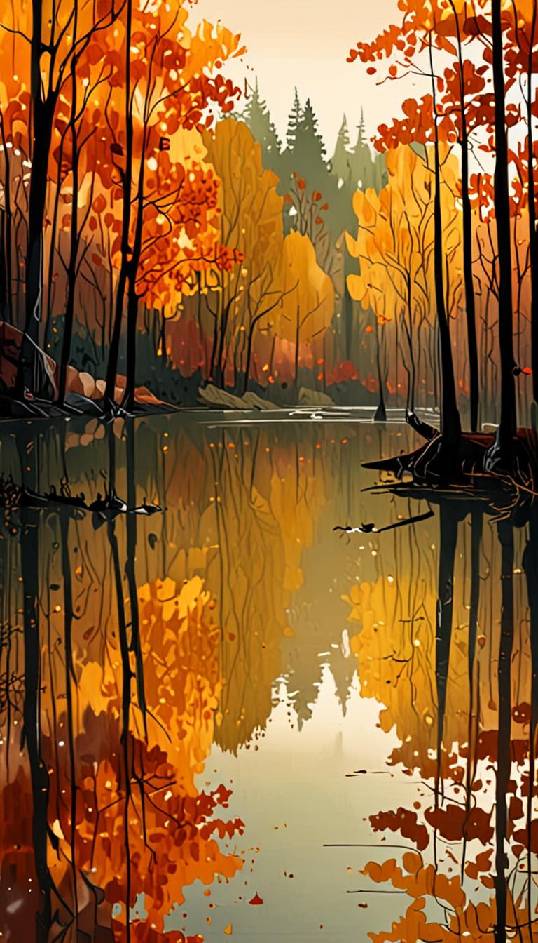 A serene lake in an autumn forest with vibrant foliage.