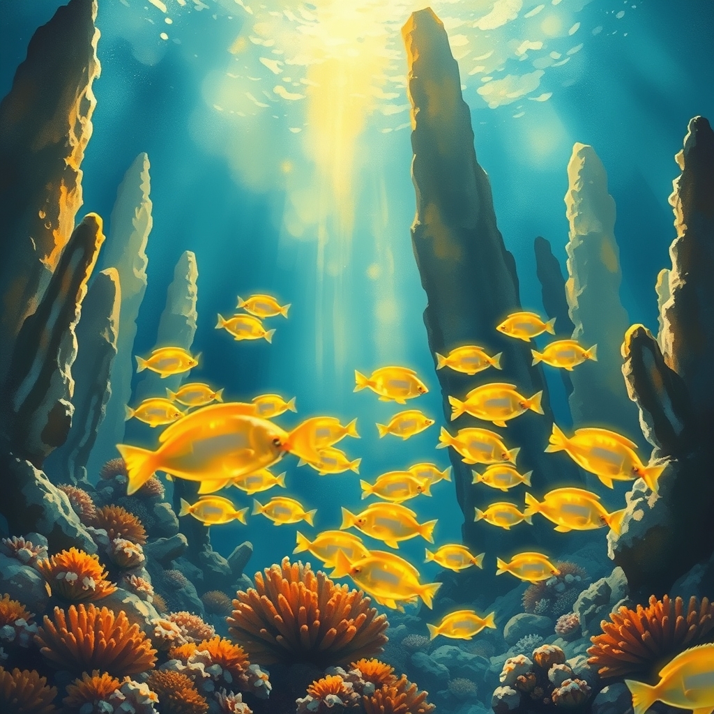 A school of bioluminescent fish swim through a coral reef in a dark blue ocean.