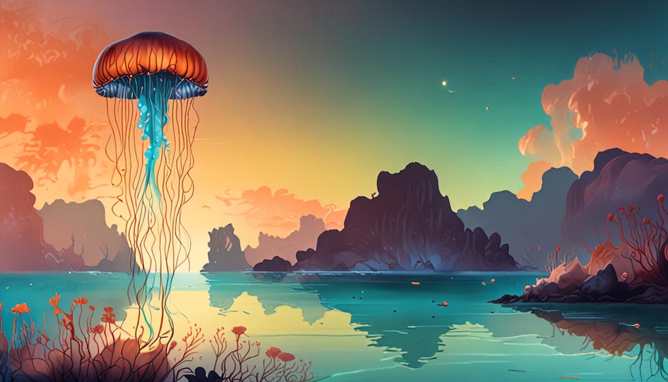 A serene underwater scene with glowing jellyfish and coral formations.