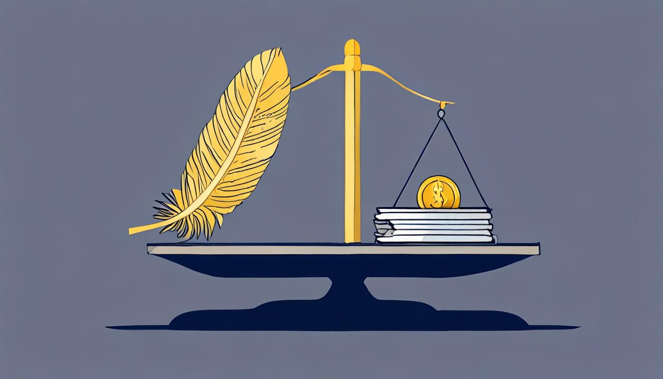 a balanced scale holding a small blue coin on one side and a tiny dollar-shaped feather on the other, calm navy and gold palette, minimal flat illustration